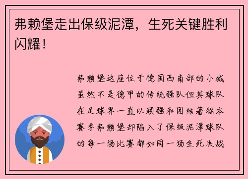 弗赖堡走出保级泥潭，生死关键胜利闪耀！